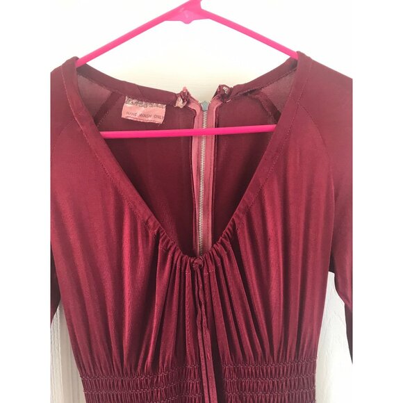 Vintage 1970's Burgundy Zainit London Maxi Dress Plunging Neckline Smocked Waist - Picture 6 of 9